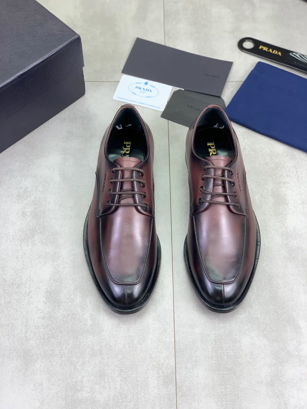 Prada Burgundy Black Cap-Toe Polished Leather Oxford Shoes