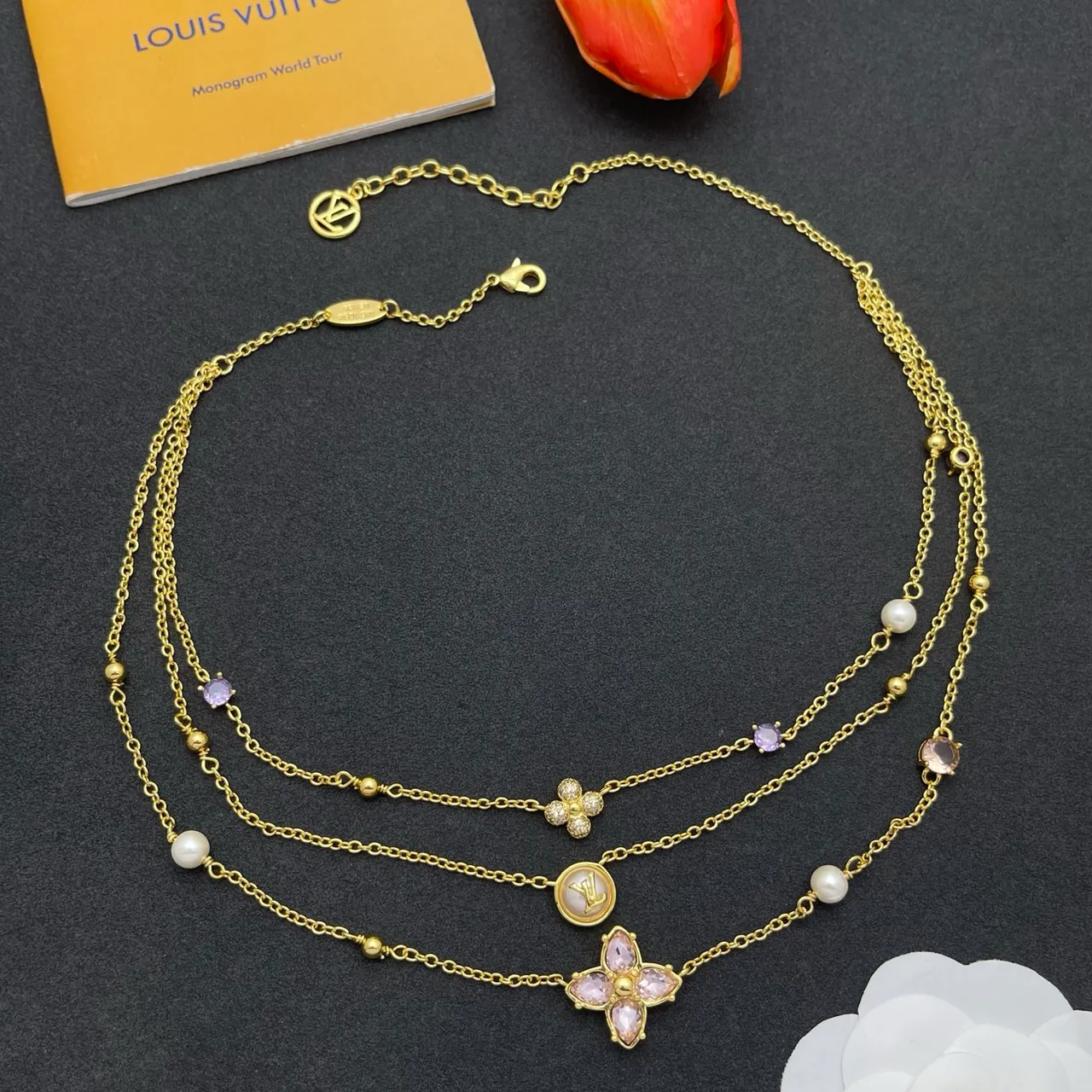 Louis Vuitton Monogram Flower Multi-Strand Pearl and Gemstone Necklace