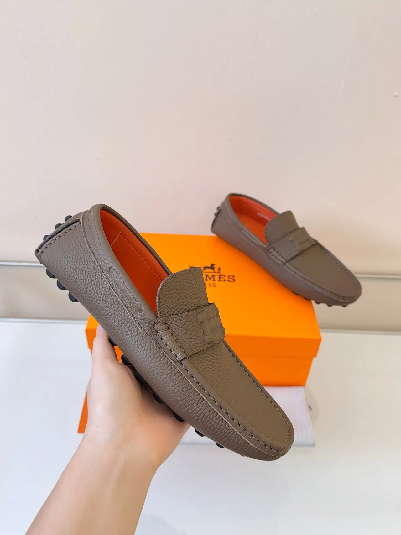 Hermès Oran Brown Orange Pebbled Leather H-Strap Loafer