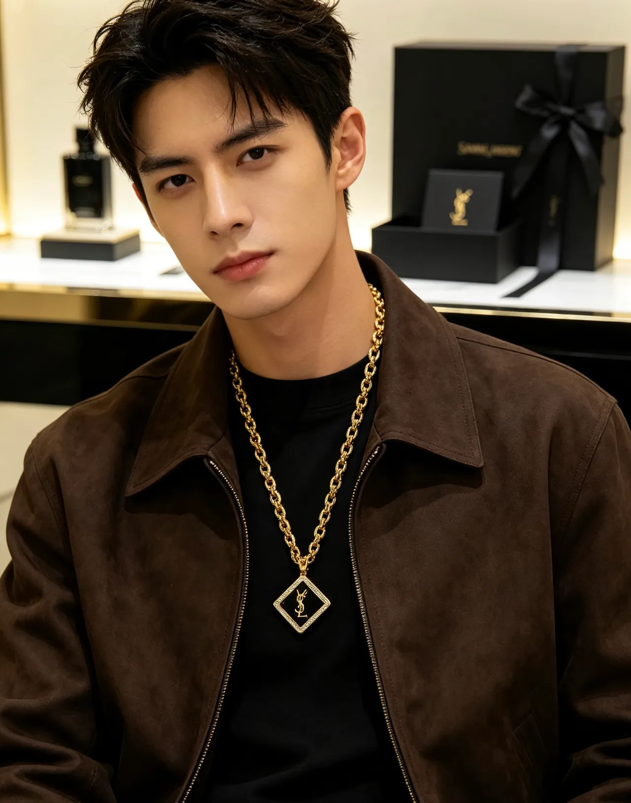 Saint Laurent Square Monogram Pendant Gold Black Curb Chain Enamel Necklace