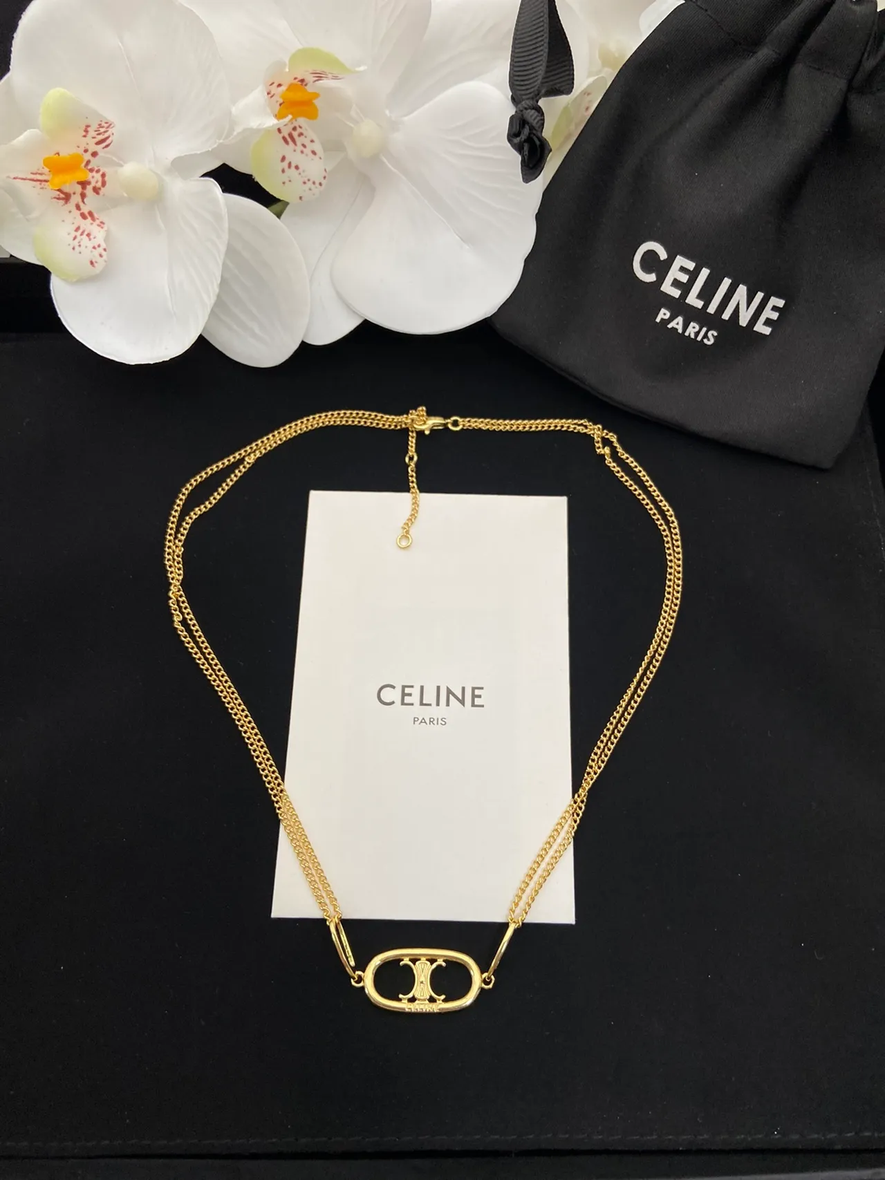 Celine Triomphe Gold White Chain Oval Logo Pendant Necklace