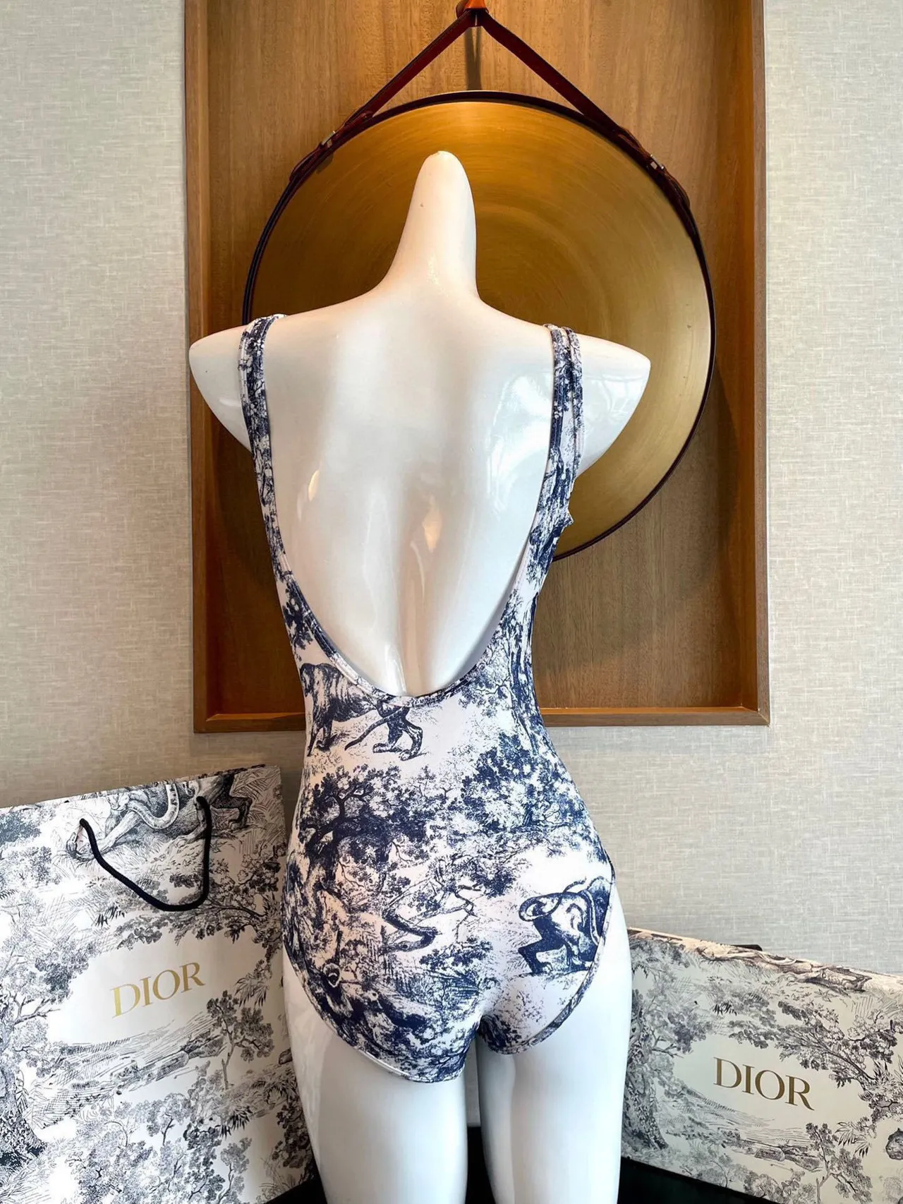 Christian Dior White Blue Toile-Print High-Cut Swimwear
