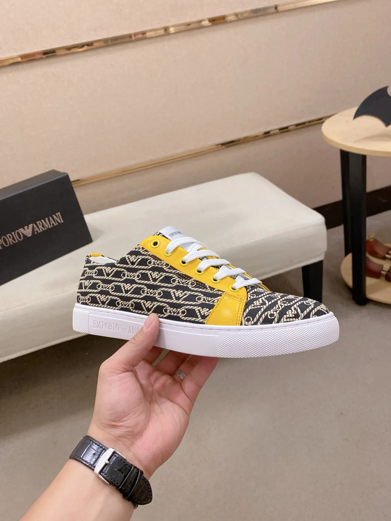 Emporio Armani Monogram Print and Yellow Panel Lifestyle Sneakers