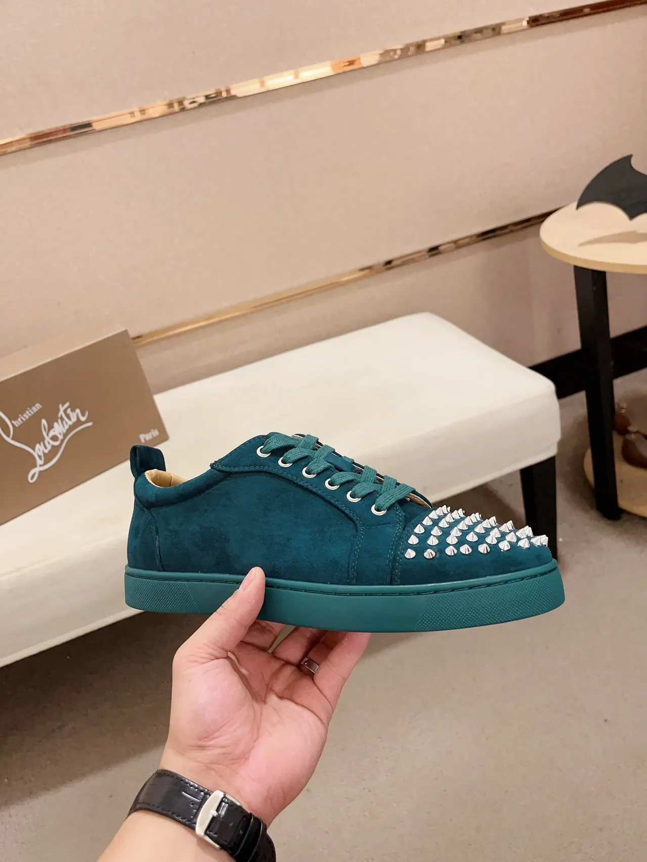 Christian Louboutin Spiked Toe Sneaker Blue Silver Teal Suede Cap Lifestyle Sneakers