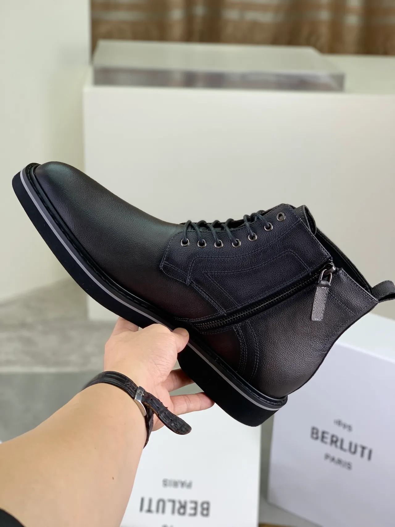 BERLUTI Black Pebbled Leather Ankle Boots