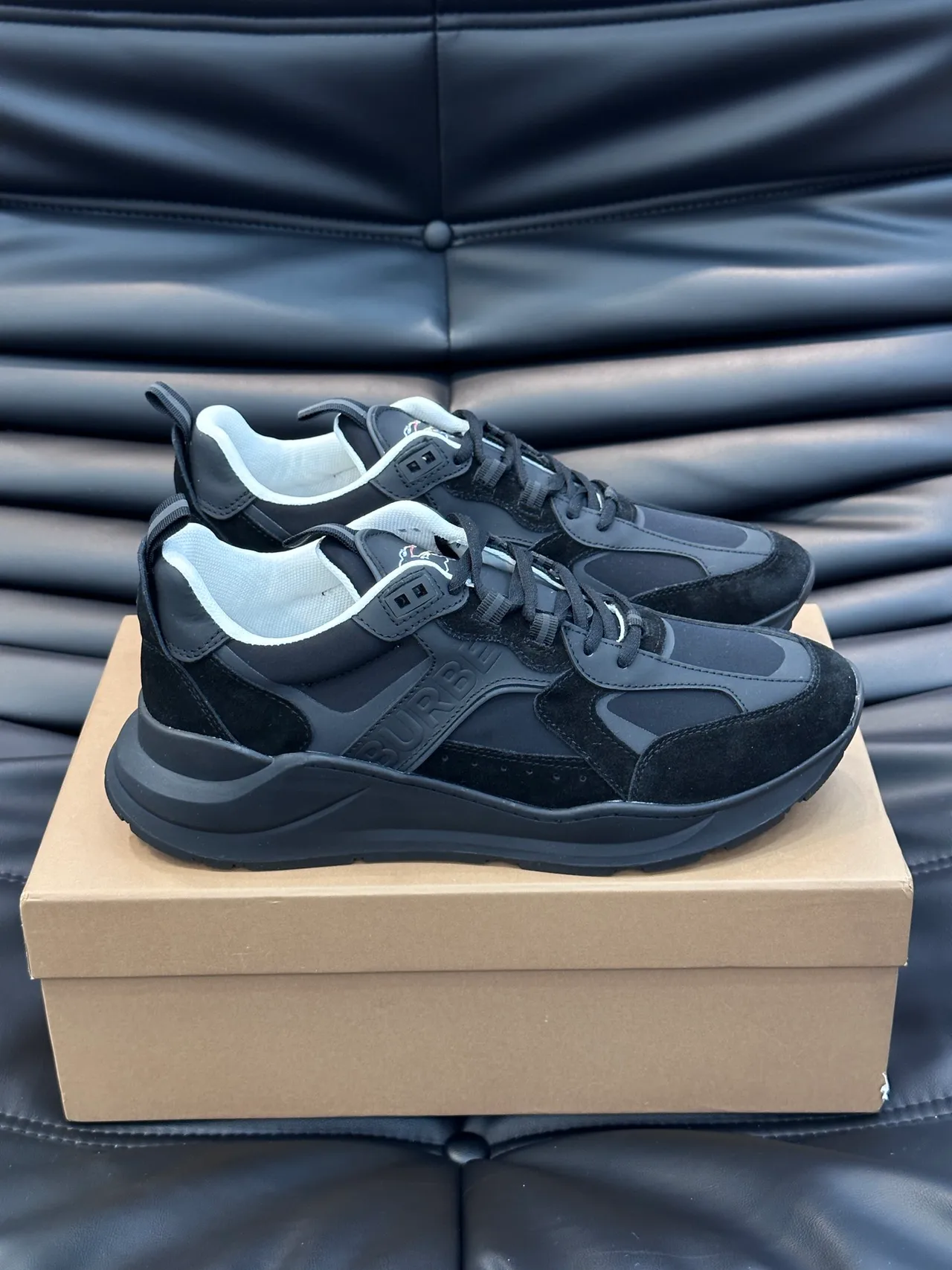 Burberry Black White Layered Suede And Synthetic Upper Embossed Side Logo Chunky Sneakers