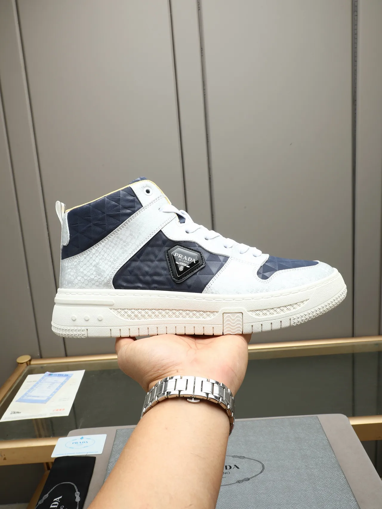 Prada White Navy High-Top Quilted Panels Sneakers