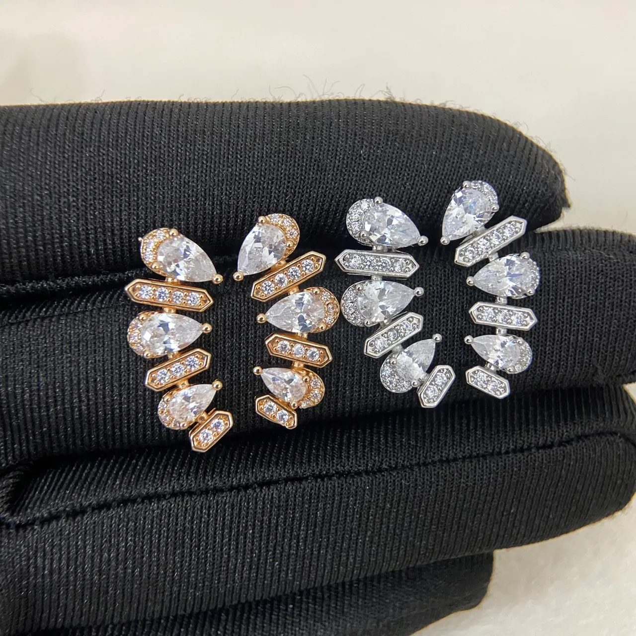 Gold Silver Multi-Tiered Pear-Cut Stone Earrings