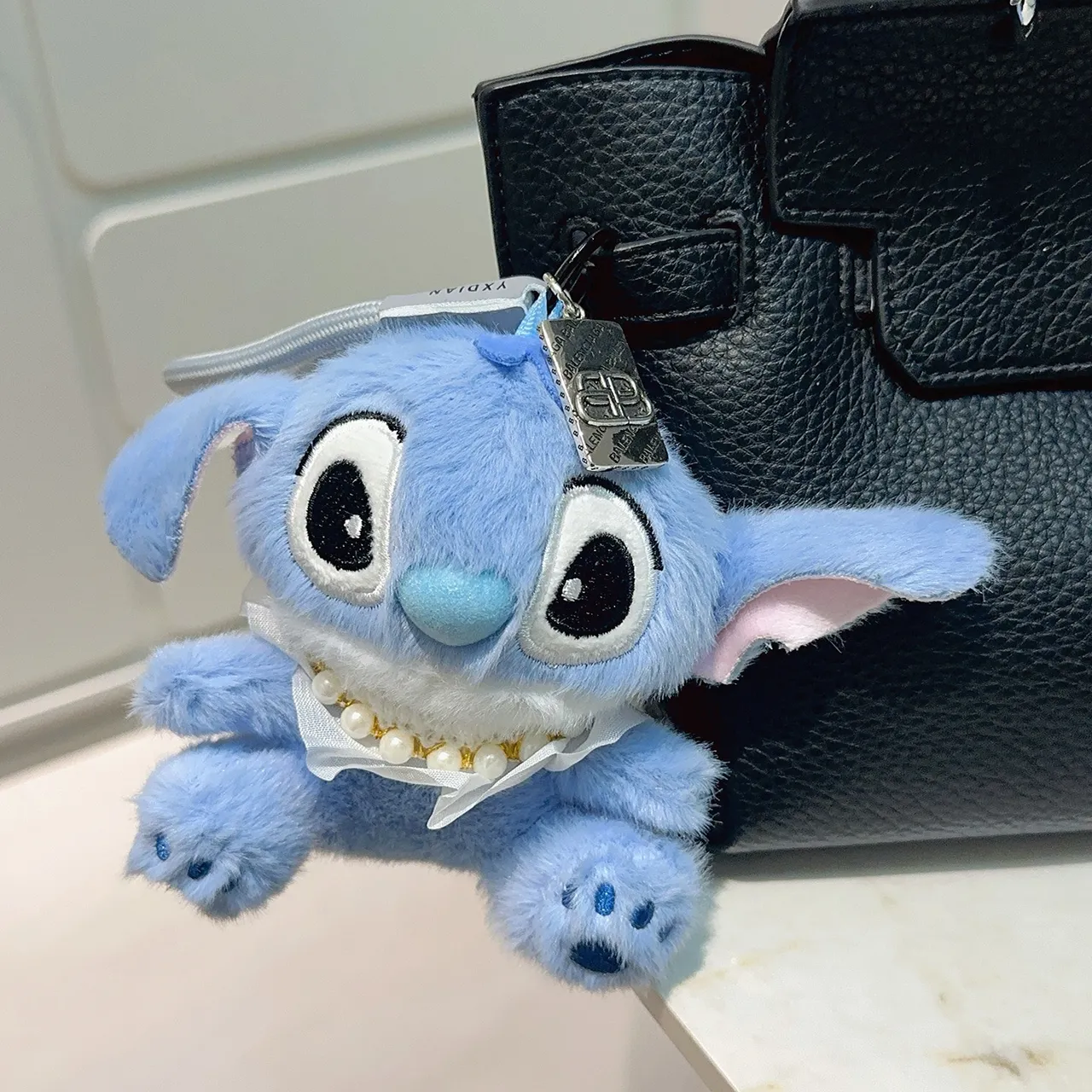 Blue White Plush Stuffed Character Pearl-Trimmed Collar Handbag