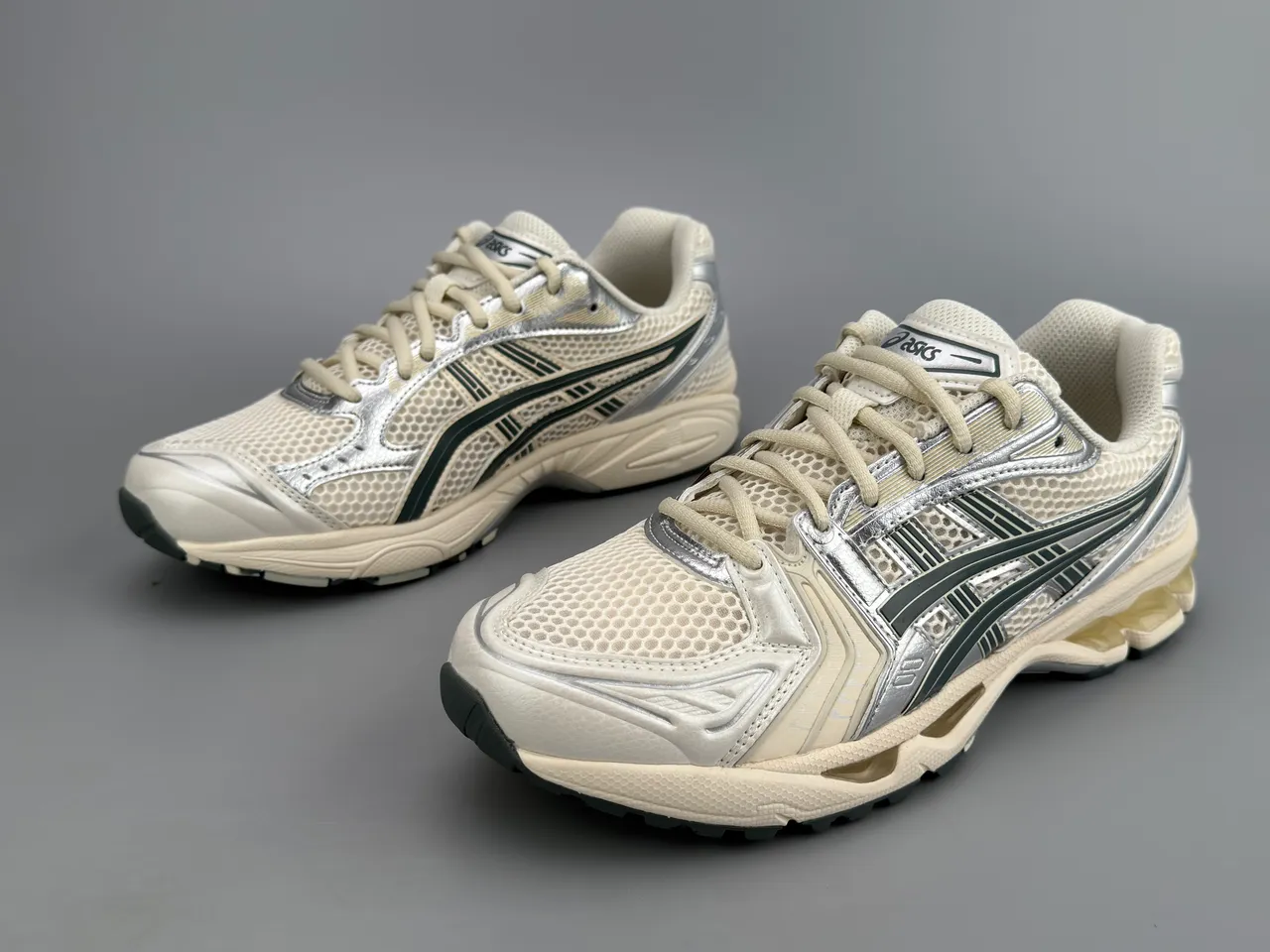 ASICS Gel-Kayano Beige Silver Mesh And Synthetic Overlay Upper Metallic Accents Running Shoes