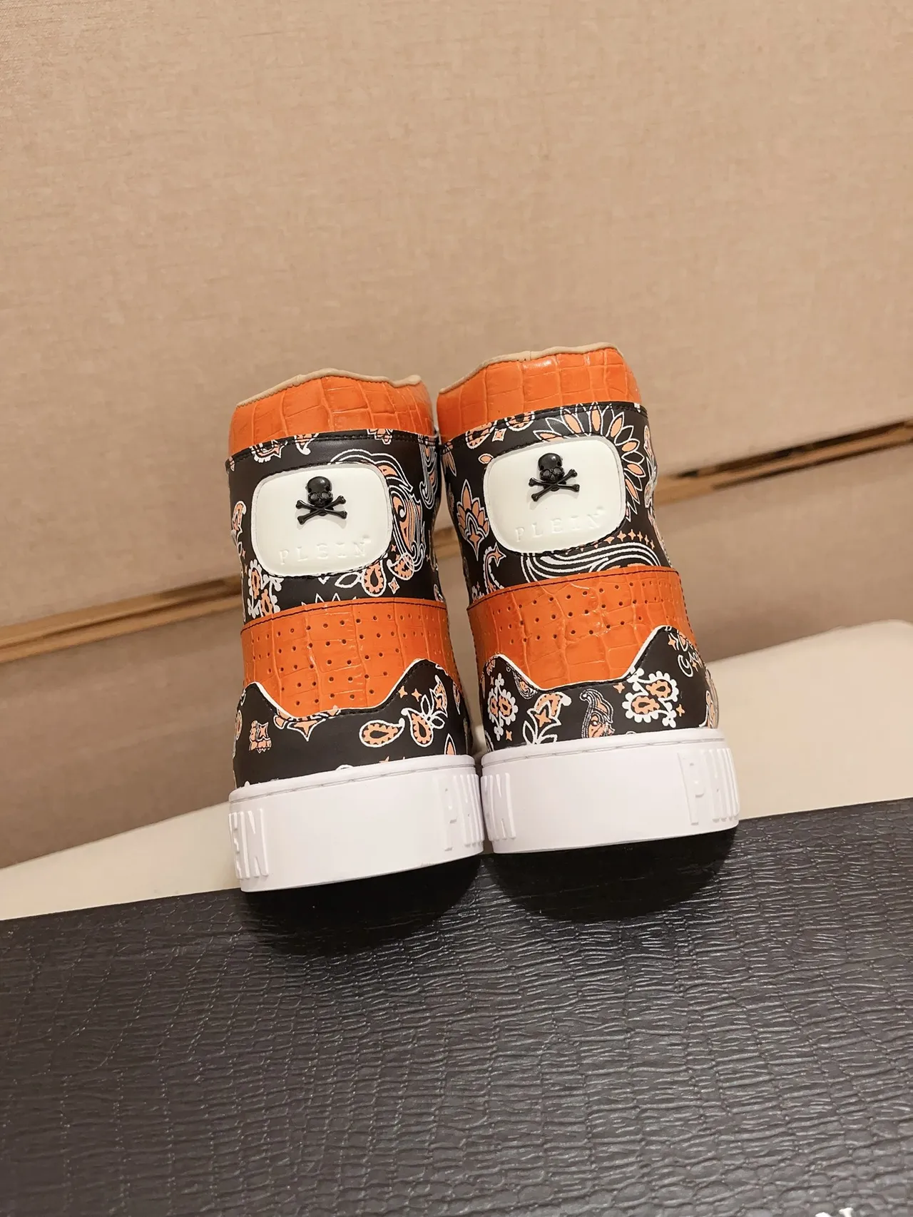 Philipp Plein White Orange High-Top Paisley-Print Lifestyle Sneakers