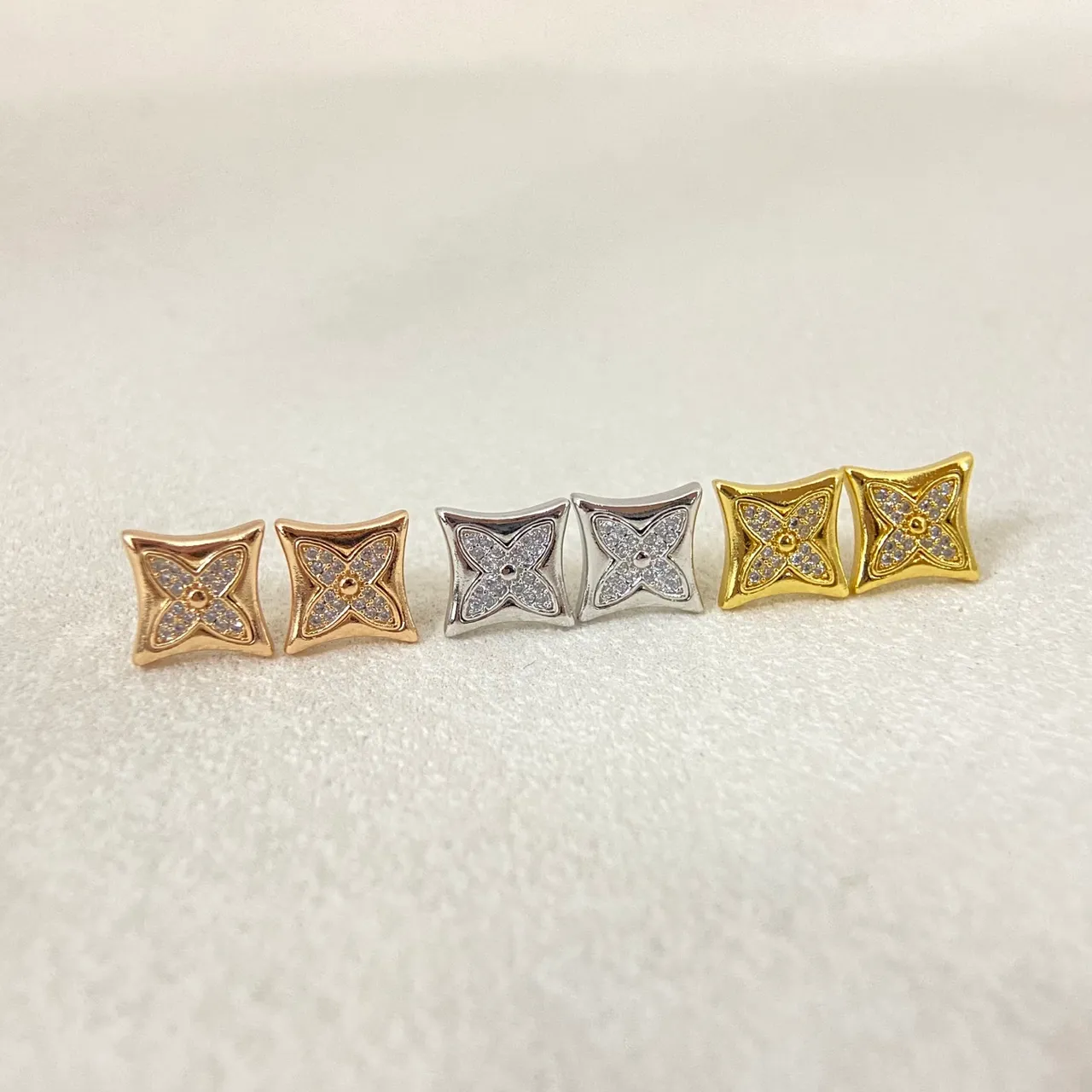 Square Pavé Crystal Four-Petal Floral Stud Earrings