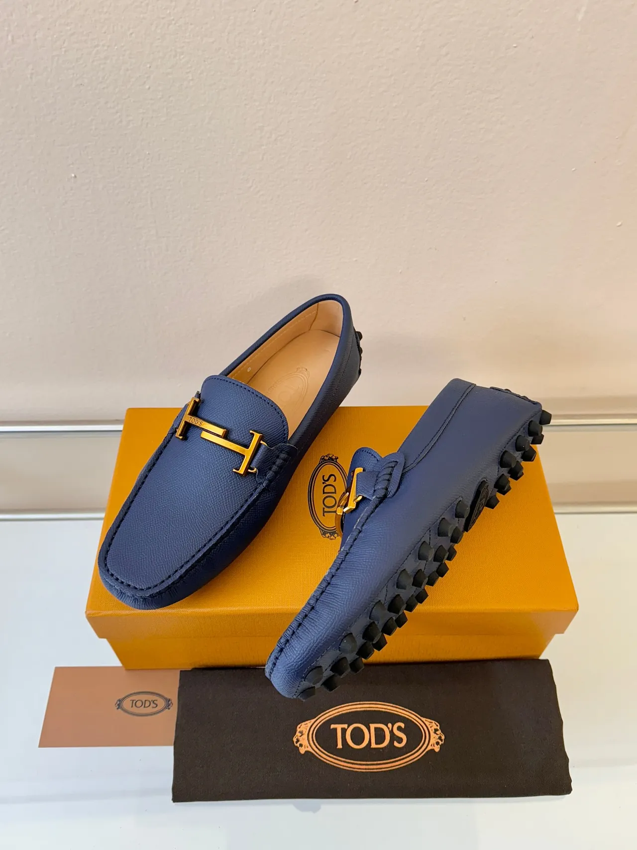 Tod's Gommino Loafer Navy Blue Pebbled Leather H-Bit Loafers