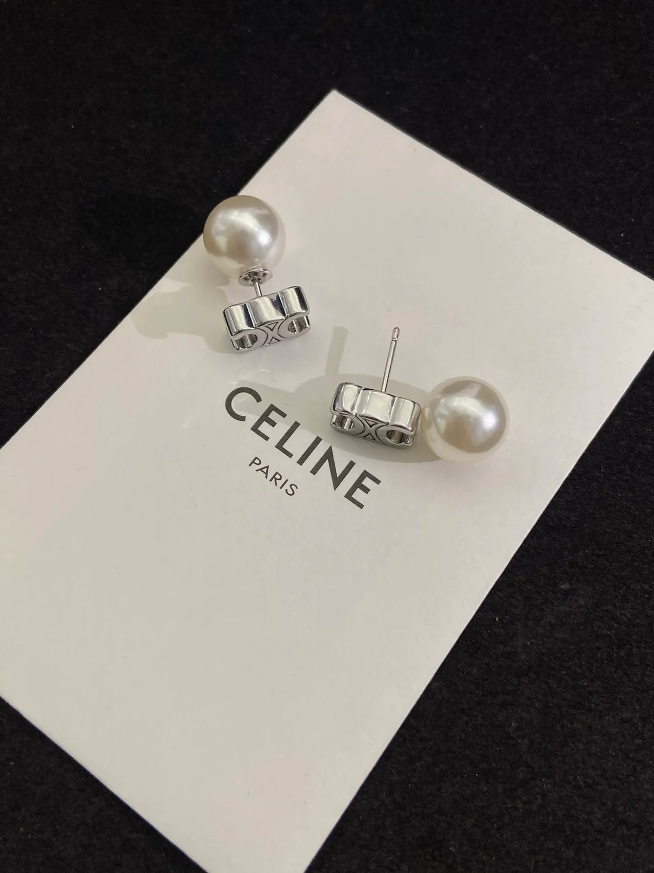 Celine White Silver Pearl Studs Geometric Base Earrings