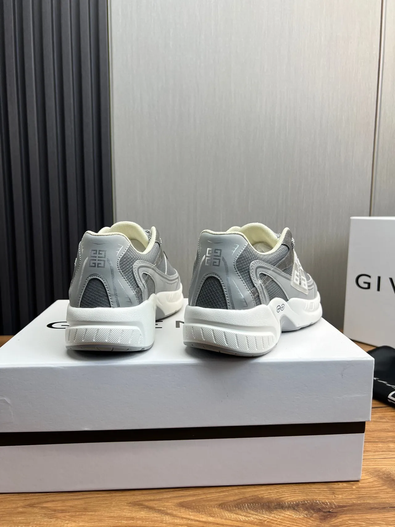 Givenchy Gray White Sole Mesh-Suede Hybrid Upper Chunky Sneakers