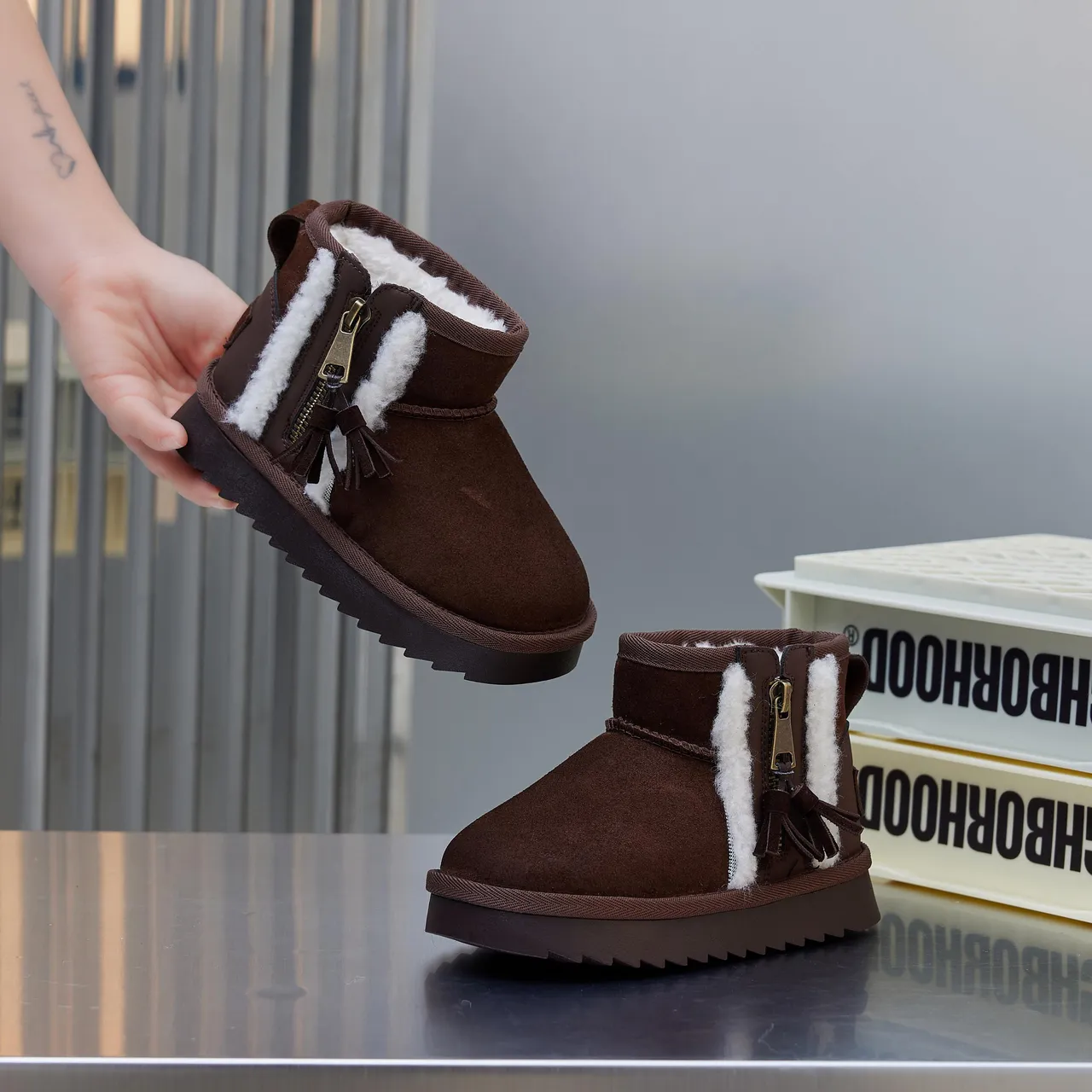 UGG Brown Beige Suede Upper Shearling-Lined Snow Boots