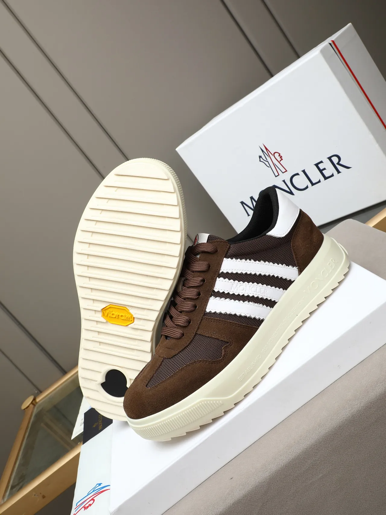 Moncler Brown and White Striped Platform Lifestyle Sneaker