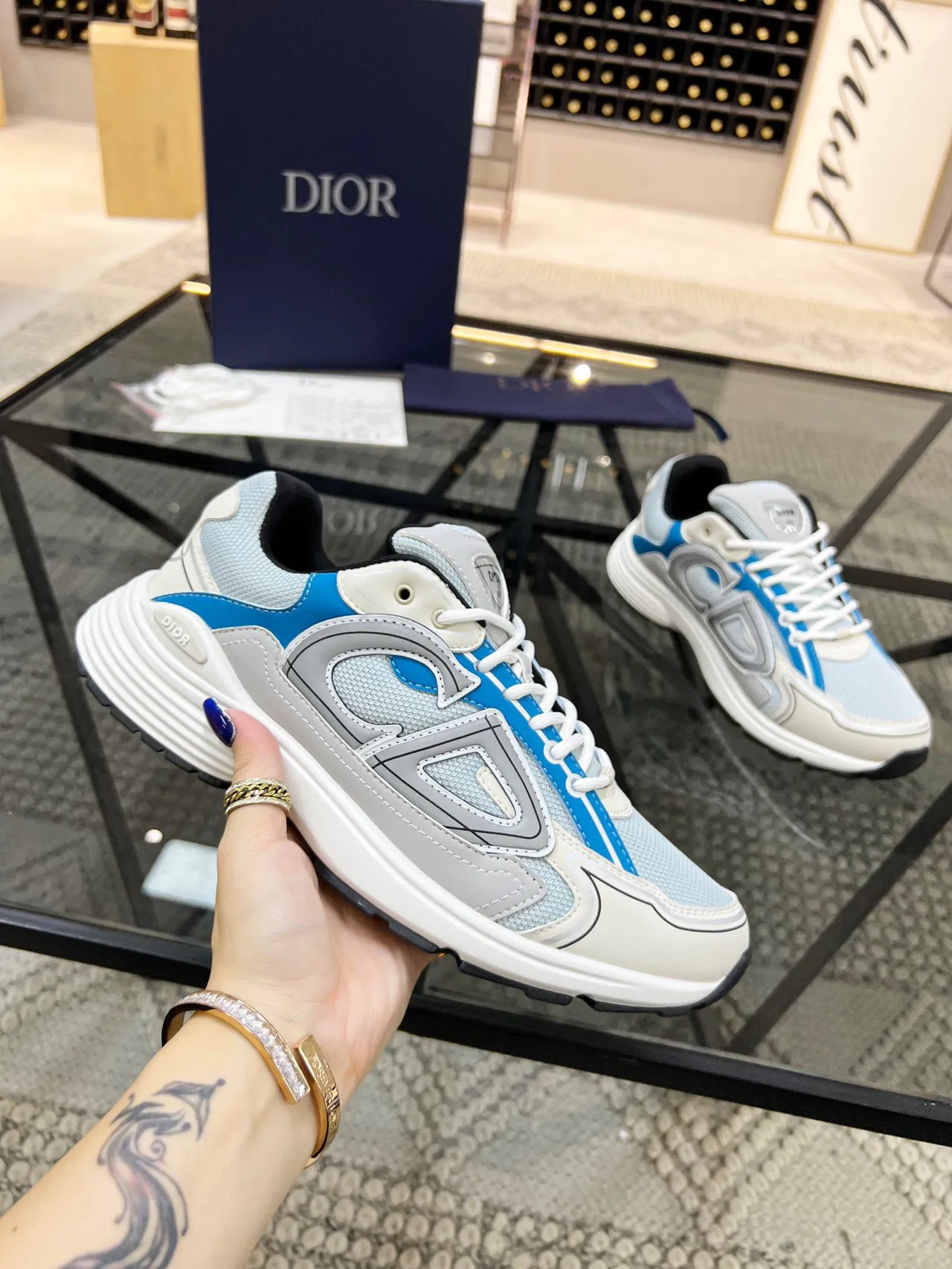 Dior B23 Blue Gray Oversized Logo Motif Layered Mesh And Synthetic Overlays Chunky Sneakers