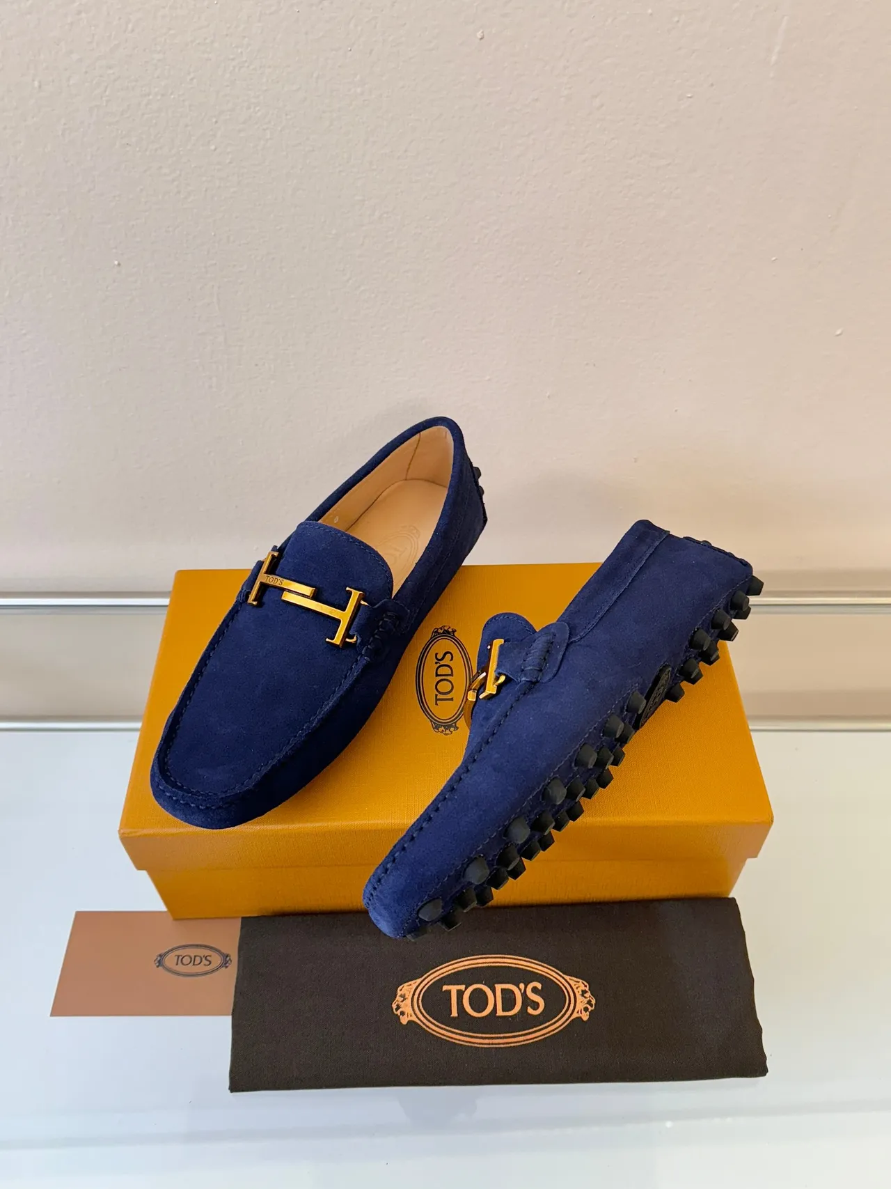 Tod's Gommino Navy Gold Suede Upper H-Bit Hardware Loafer