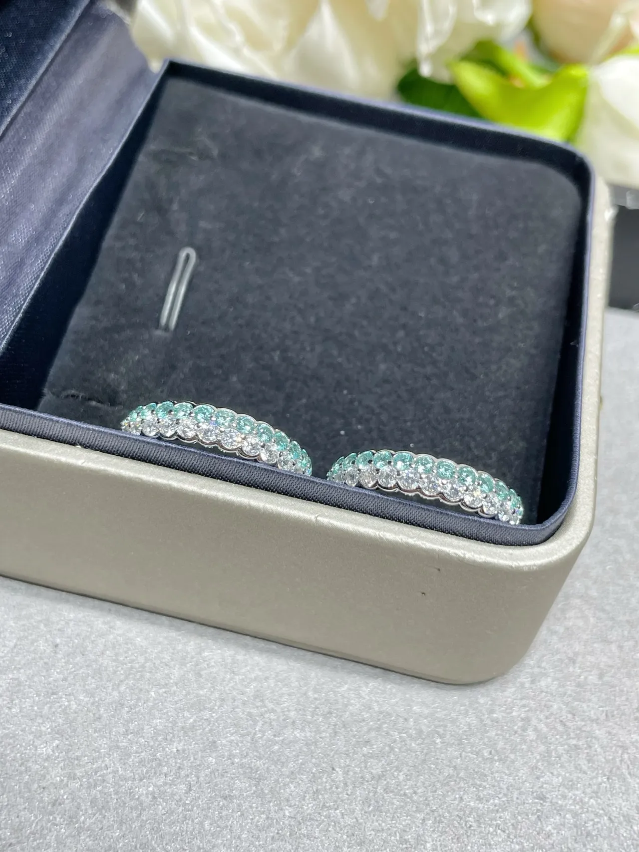 Silver-Tone Pavé-Set Teal and Clear Stone Stackable Eternity Rings