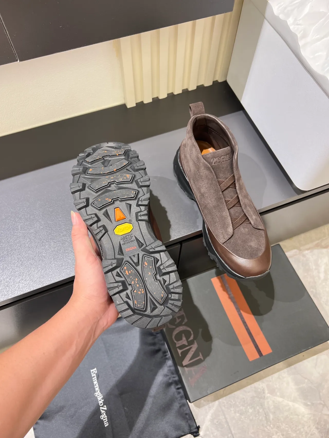 Brown Black Suede Upper Slip-On Construction Ankle Boots