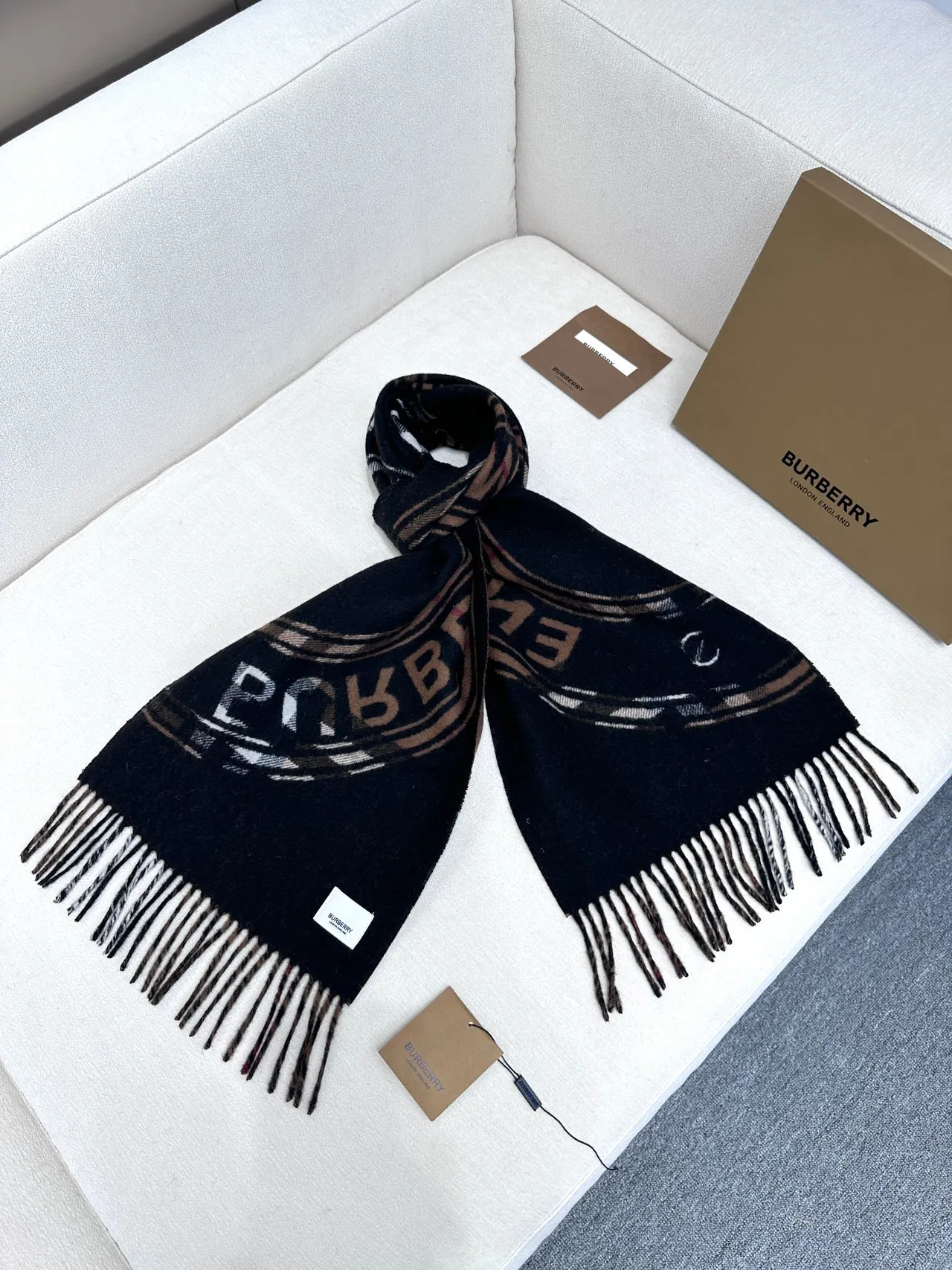 Burberry Black and Cream Fringed Cashmere Scarf
