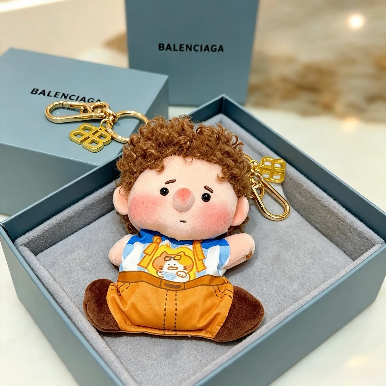 Balenciaga Brown Blue Plush Doll Keychain Accessory Handbag