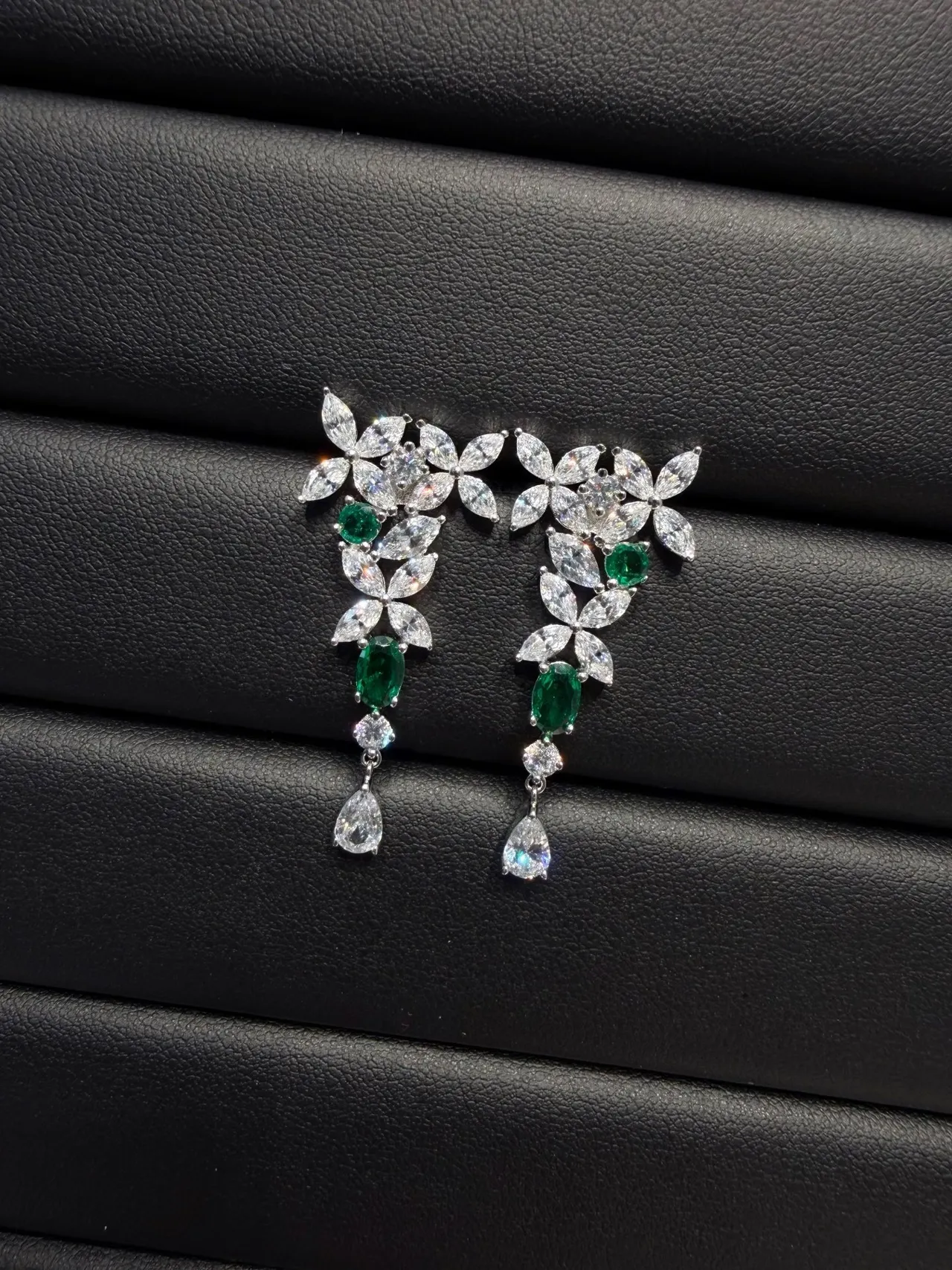 Floral Motif Marquise-Cut Green and Clear Stone Drop Earrings