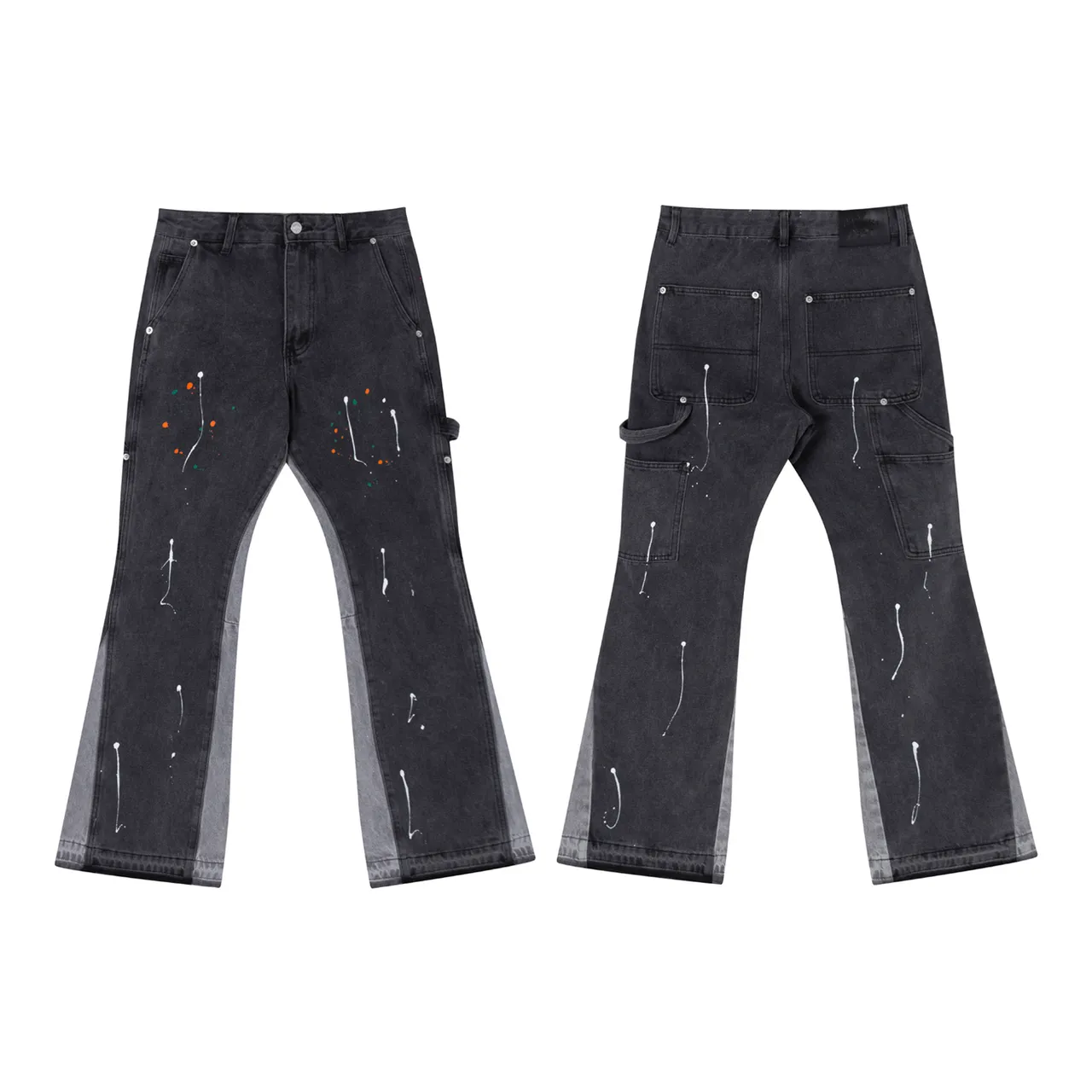 Black Paint-Splatter Flared Contrast-Panel Jeans