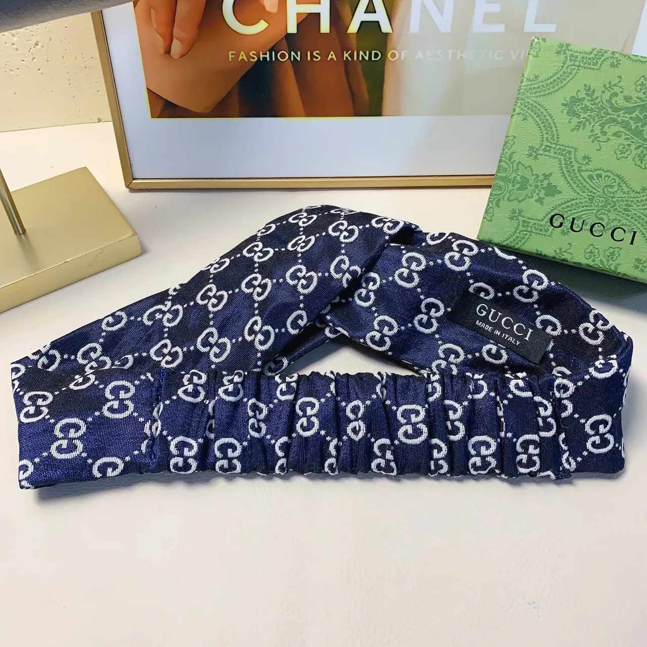 Gucci Multicolor Navy Interlocking GG Monogram Elastic Gathered Center Silk Scarf