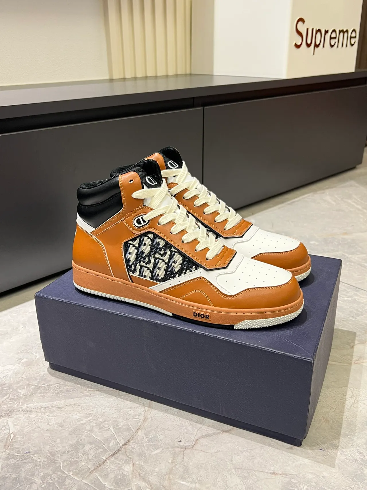 Dior B23 Tan and White Oblique Monogram High-Top Lifestyle Sneakers