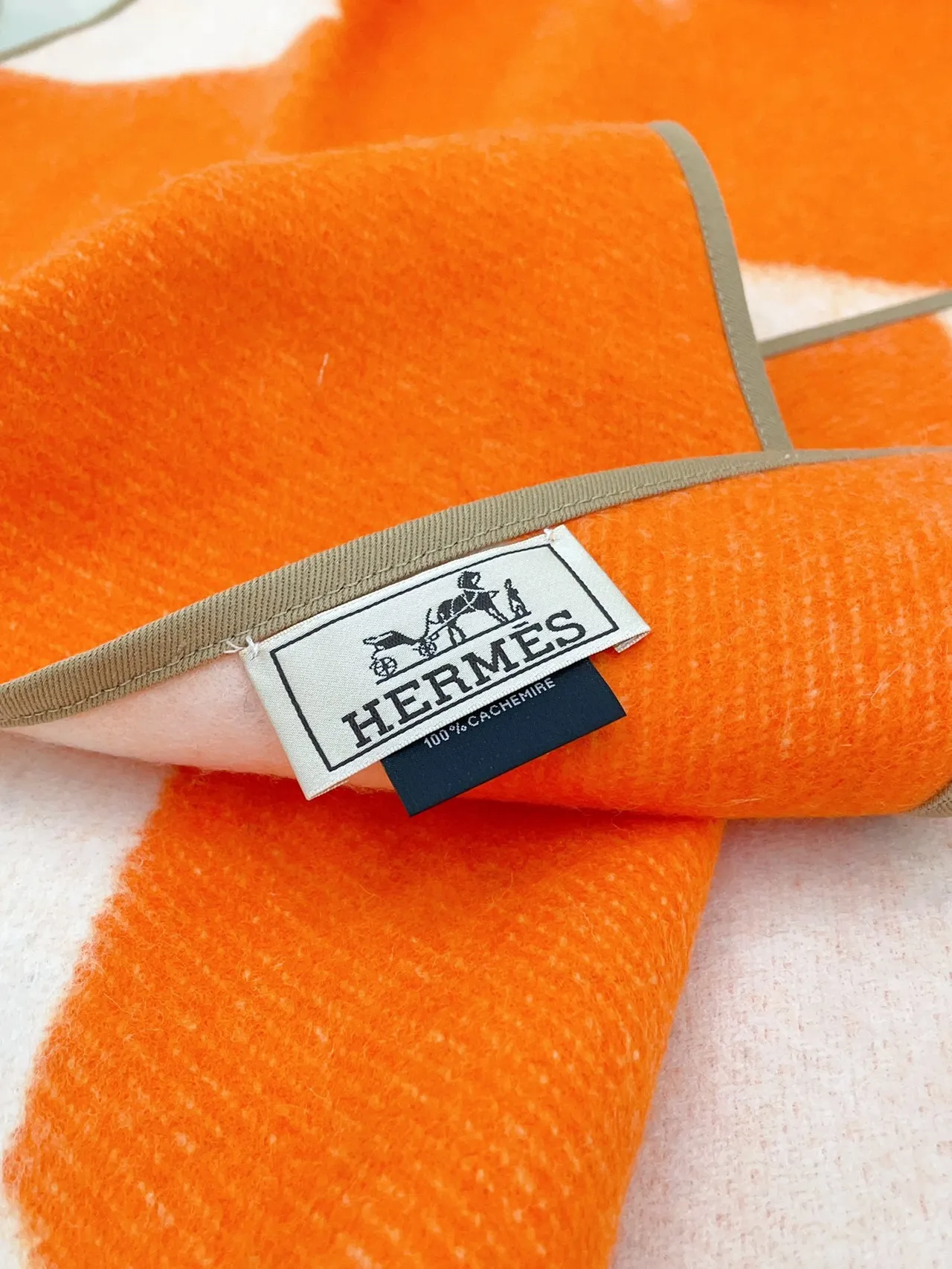 Hermès Orange Beige Geometric Patterned Wool-Blend Texture Shawl
