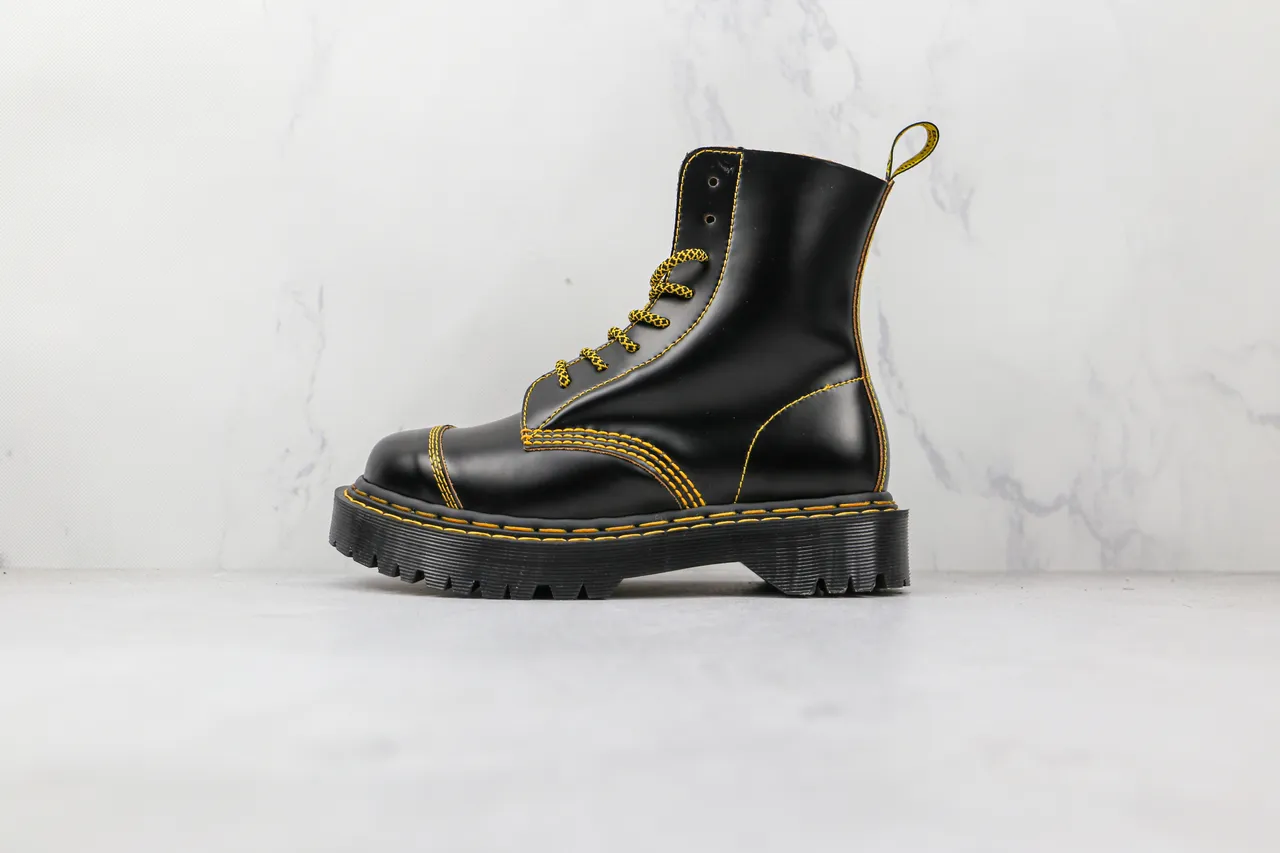Dr. Martens Black Yellow Leather Contrast Stitching Martin Boots