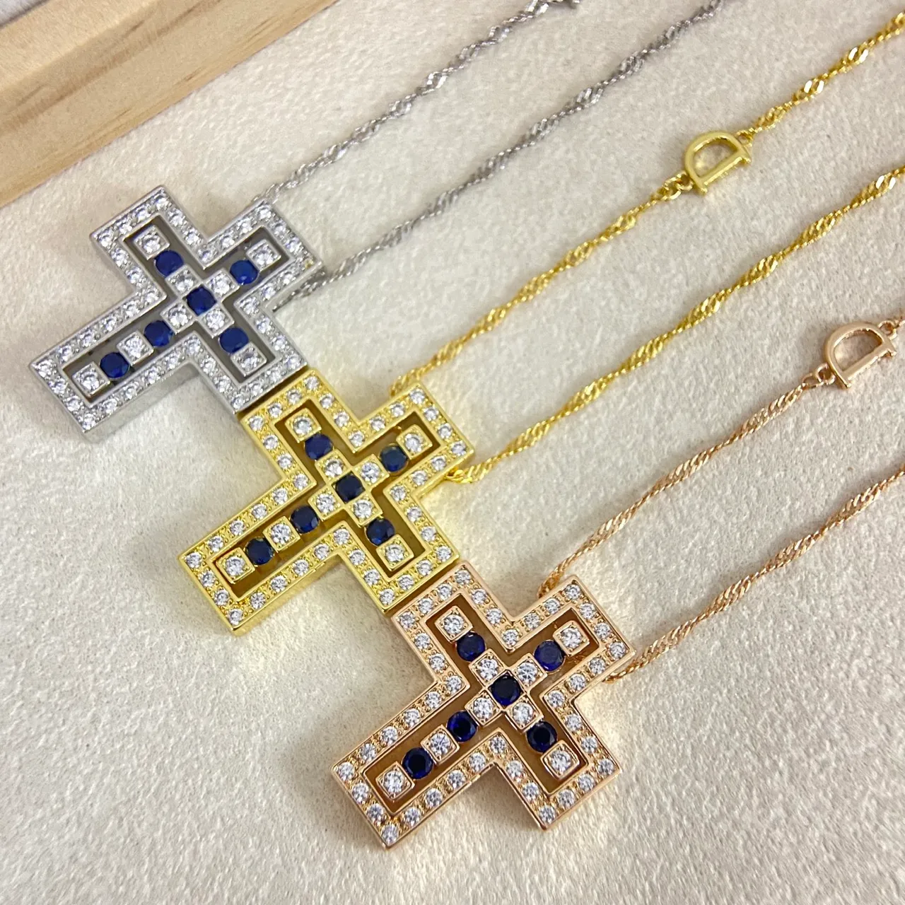 Gold Multicolor Geometric Cross Pendant Pavé-Set Stones Necklace