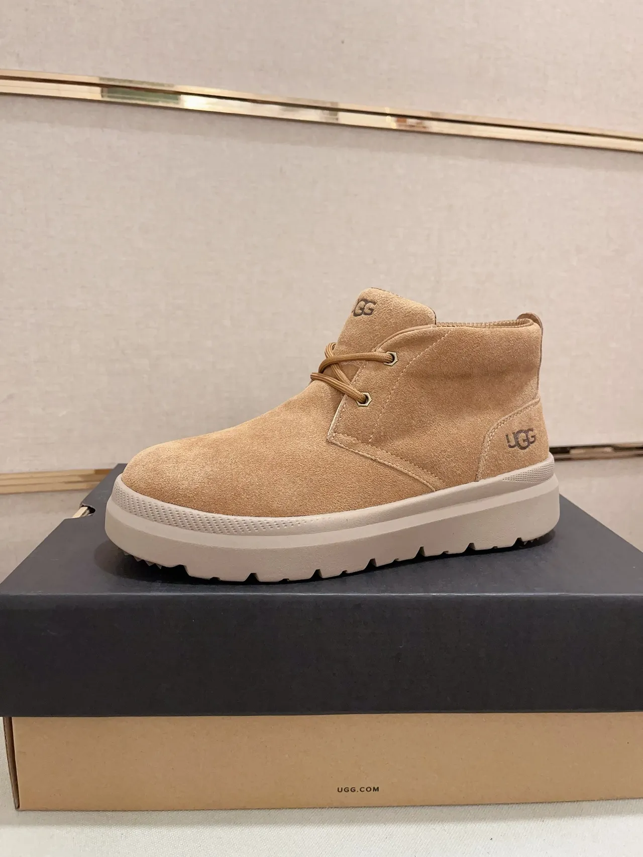 UGG Tasman Beige White Suede Upper Chunky Platform Sole Ankle Boots