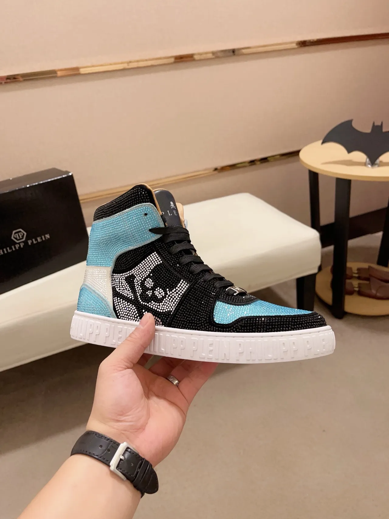 Philipp Plein Crystal-Embellished Black and Light Blue High-Top Sneaker