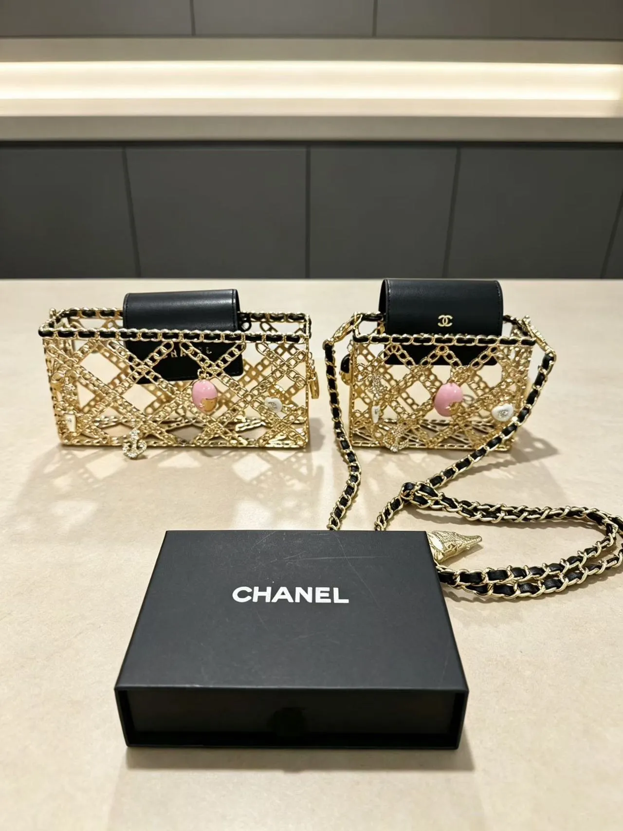 Chanel Chain Cage Black Pink Construction Leather Flap Chain Bag