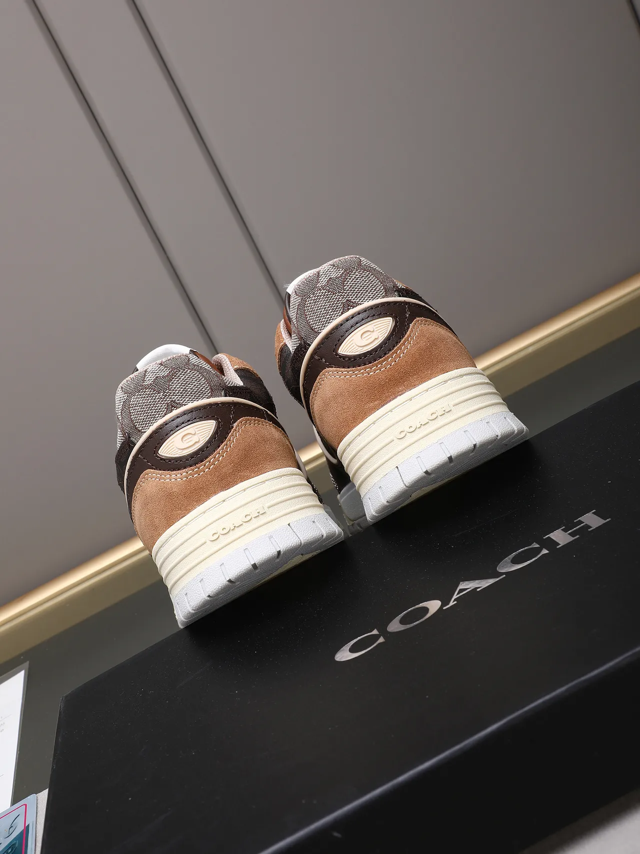 Coach Brown Beige Mixed-Material Upper Embossed C Logo Sneakers