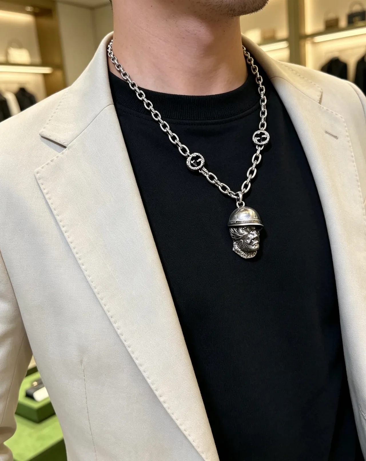 Gucci Sculpted Helmeted Head Pendant Necklace