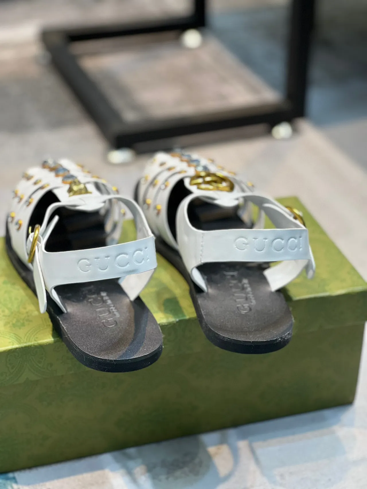 Gucci Gladiator Sandal White Gold Multi-Strap Studded Gladiator Sandals