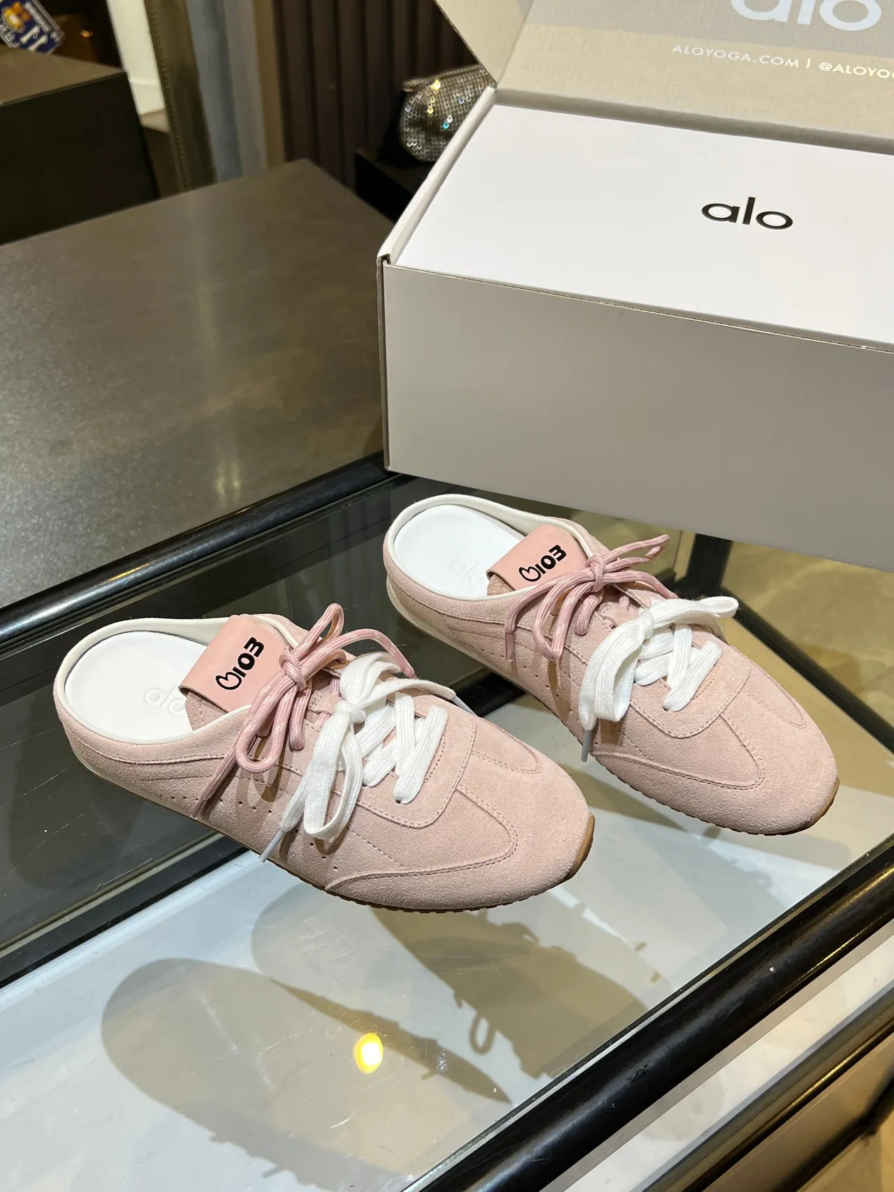 Alo Pink White Suede Upper Dual-Tone Laces Sneakers