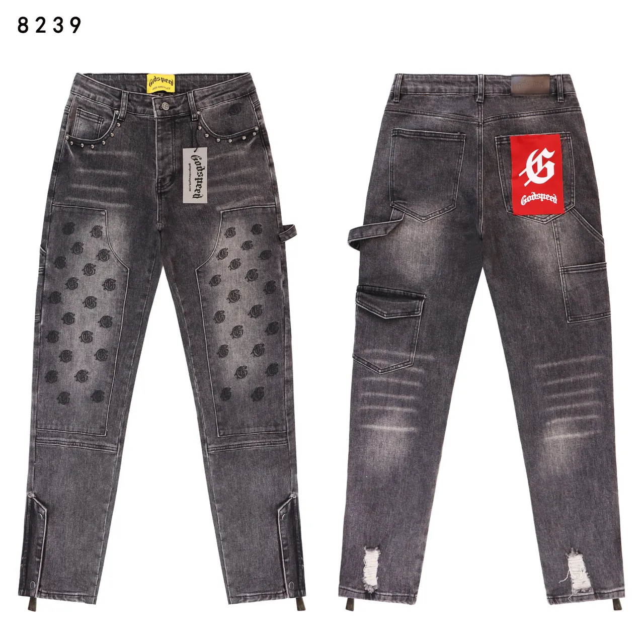 Godspeed Cargo-Pocket Embroidered Knee Panel Black Gray Studded Waistband Jeans