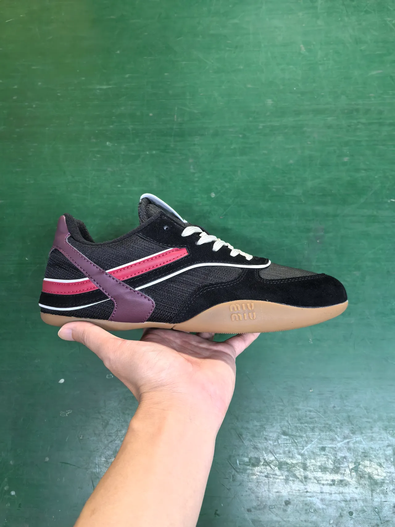 Miu Miu Black Purple Low-Top Mesh-Suede Hybrid Sneakers