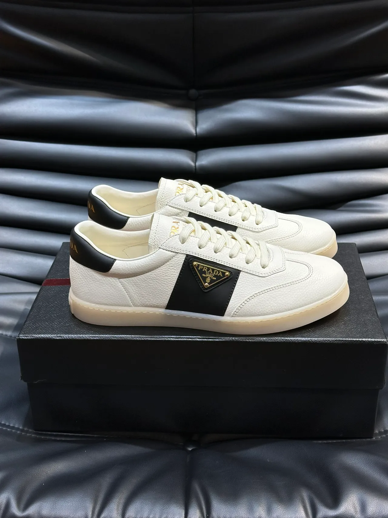 Prada Re-Edition Beige Black Textured Leather Upper Side Stripe Lifestyle Sneakers