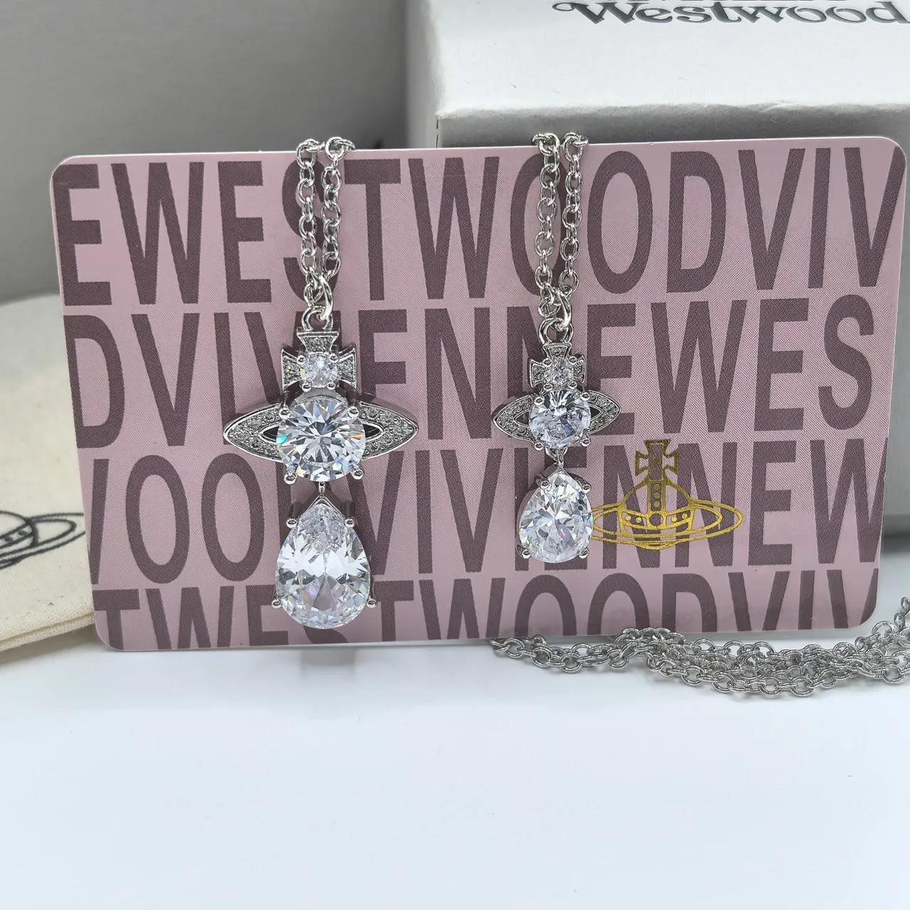 Vivienne Westwood Orb Pendant Necklace Gold Silver Motif Teardrop Crystal Dangle Necklace