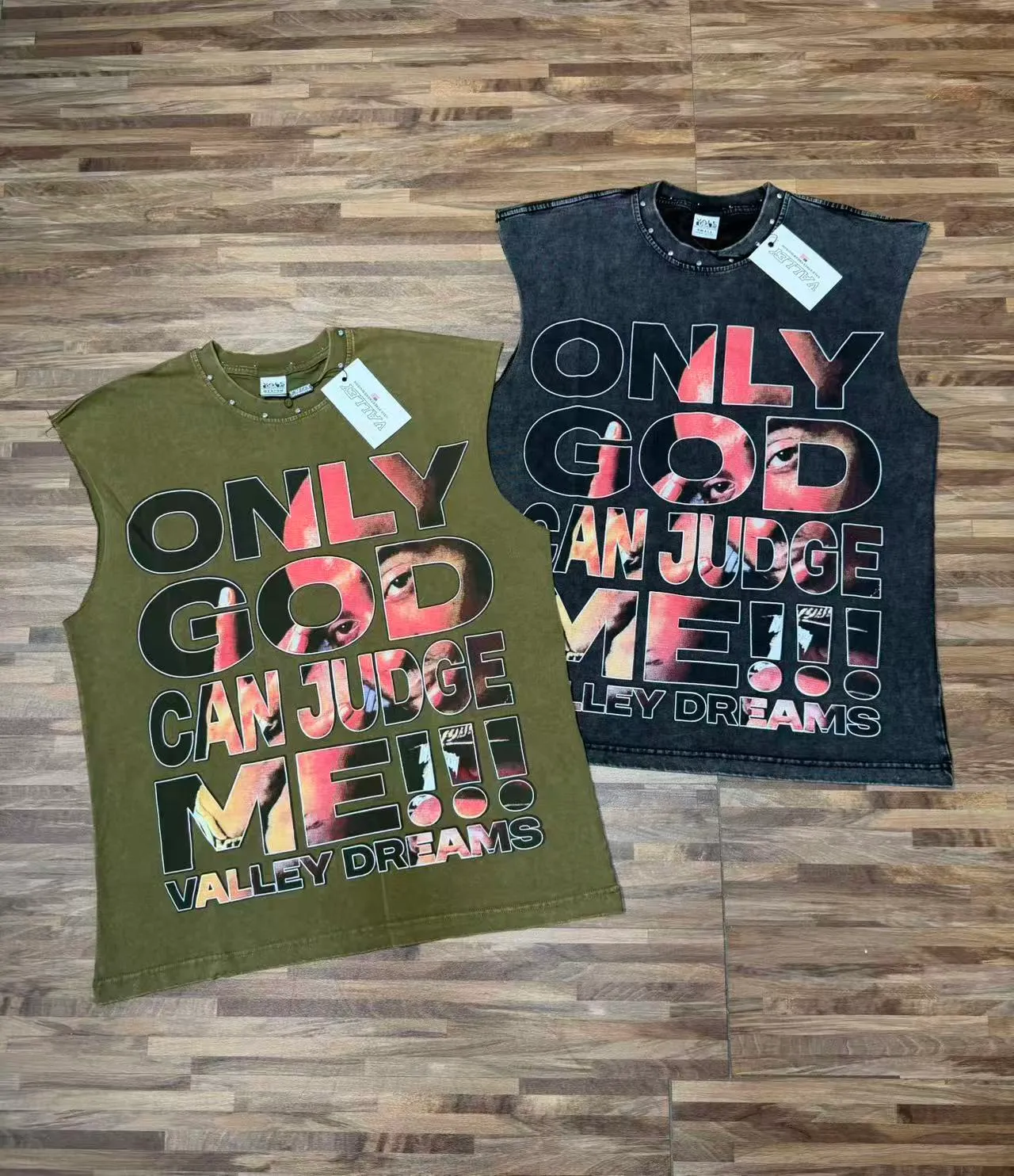 Army Green Black Sleeveless Graphic-Print Vest Top