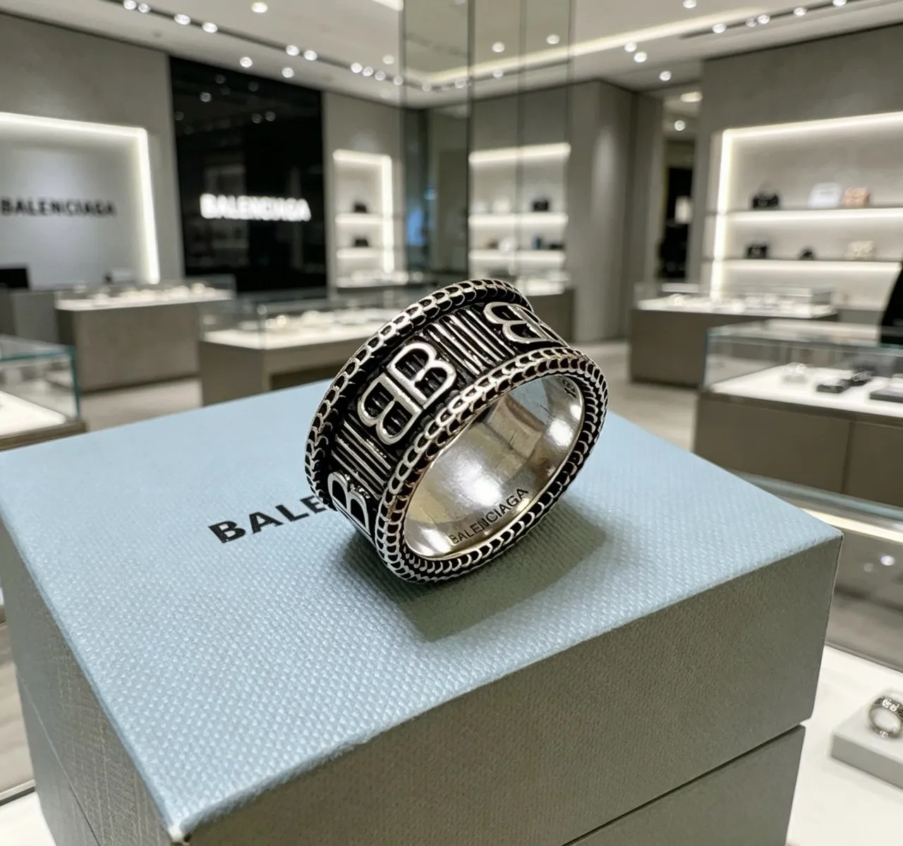 Balenciaga Logo Ring Silver Black Wide Band Engraved Ring
