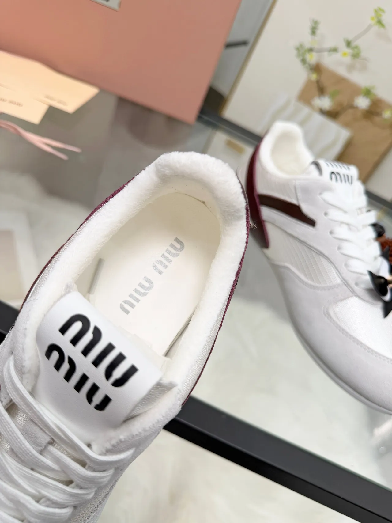 Miu Miu White Burgundy Suede And Mesh Upper Leather Side Stripe Lifestyle Sneakers