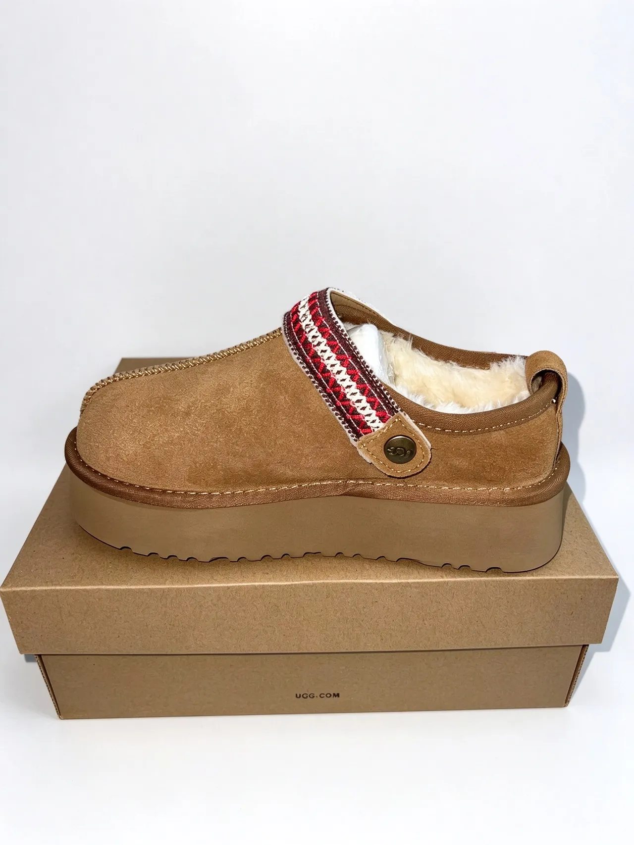 UGG Tasman Beige Red Platform Sole Woven Strap Casual Shoes