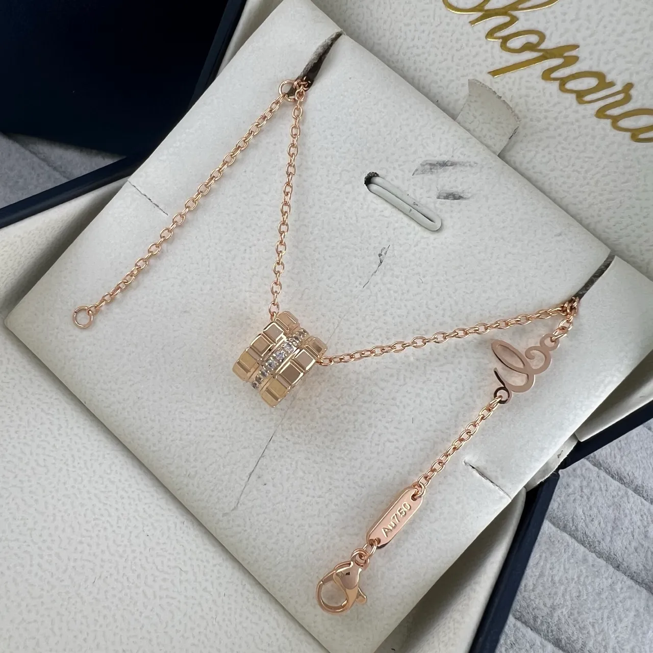 Chopard Gold Silver Geometric Barrel Pendant Pavé-Set Stones Necklace